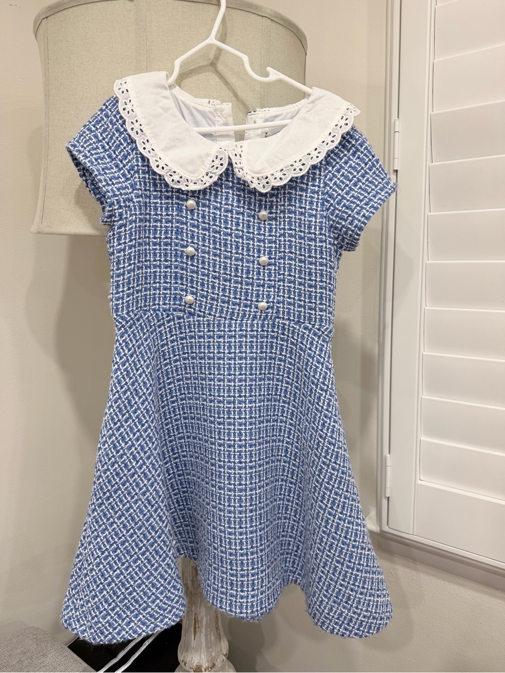 Janie and Jack Blue Tweed Dress with White Eyelet Collar